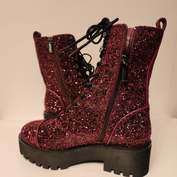 MICHAEL Michael Kors Bryce Lug Sole Combat Boots In Dark Berry Glitter Size 6.5 - Picture 6 of 11
